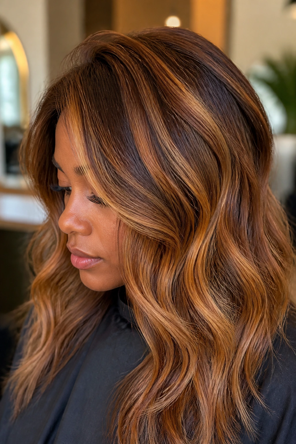 Hair with multiple color ribbons showing variations in caramel balayage