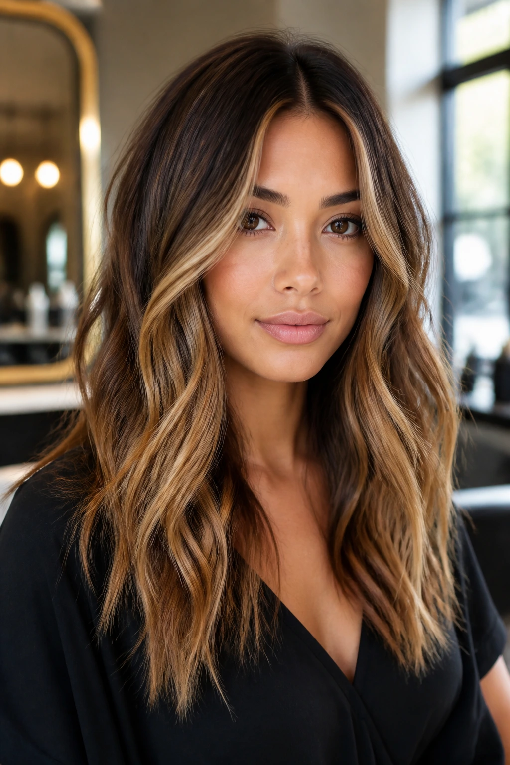 Model with varied balayage tones including honey and copper