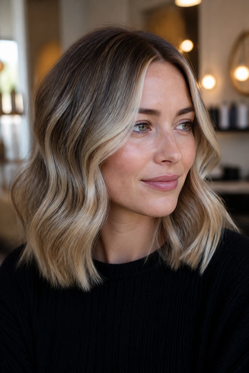 Close-up portrait of a real woman with champagne-beige front melt and honey balayage on cool skin