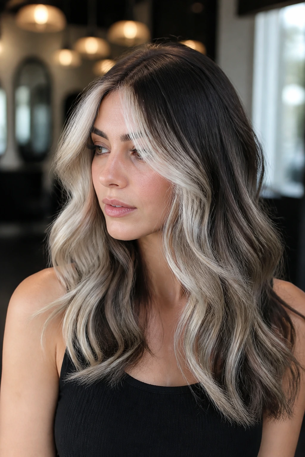 Close-up portrait of a real woman showing ash-toned front ribbons with darker back in platinum balayage