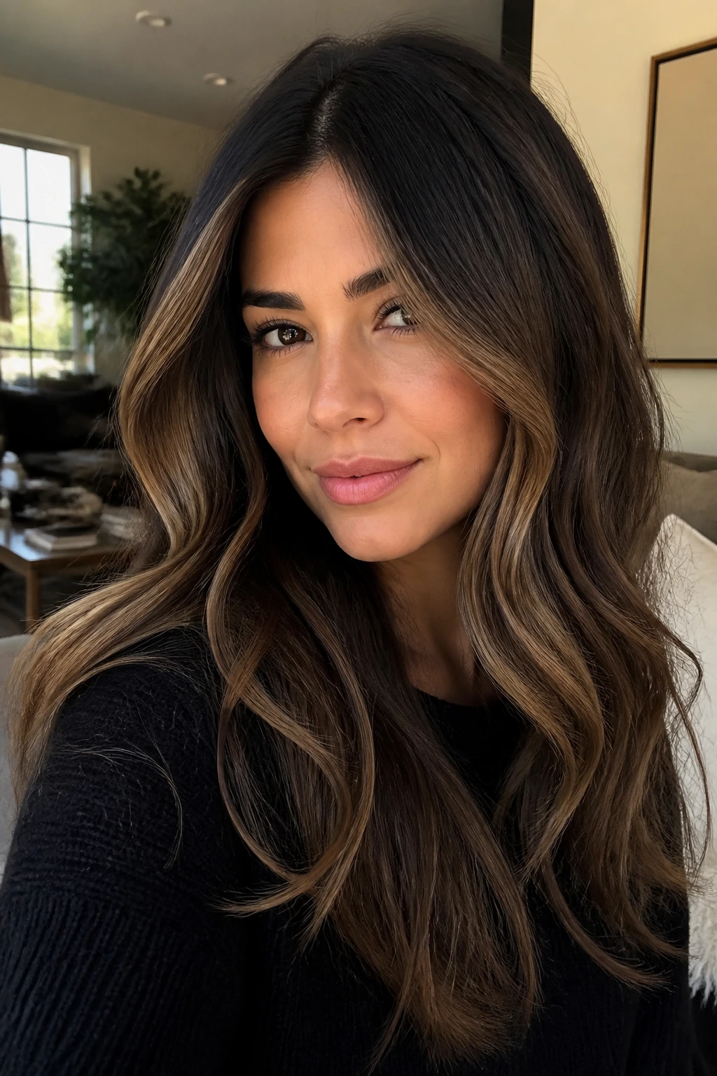 Portrait of woman with thick hair displaying balayage tone variations around the face
