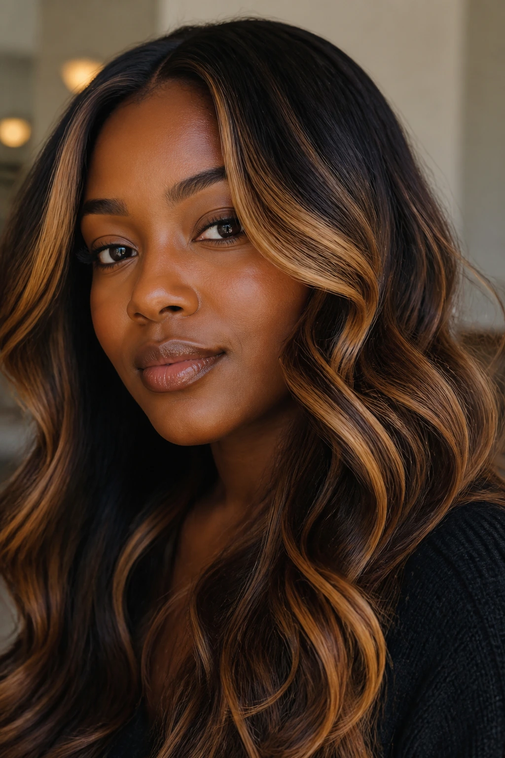 Portrait showing balayage variations with toffee and honey tones around the face
