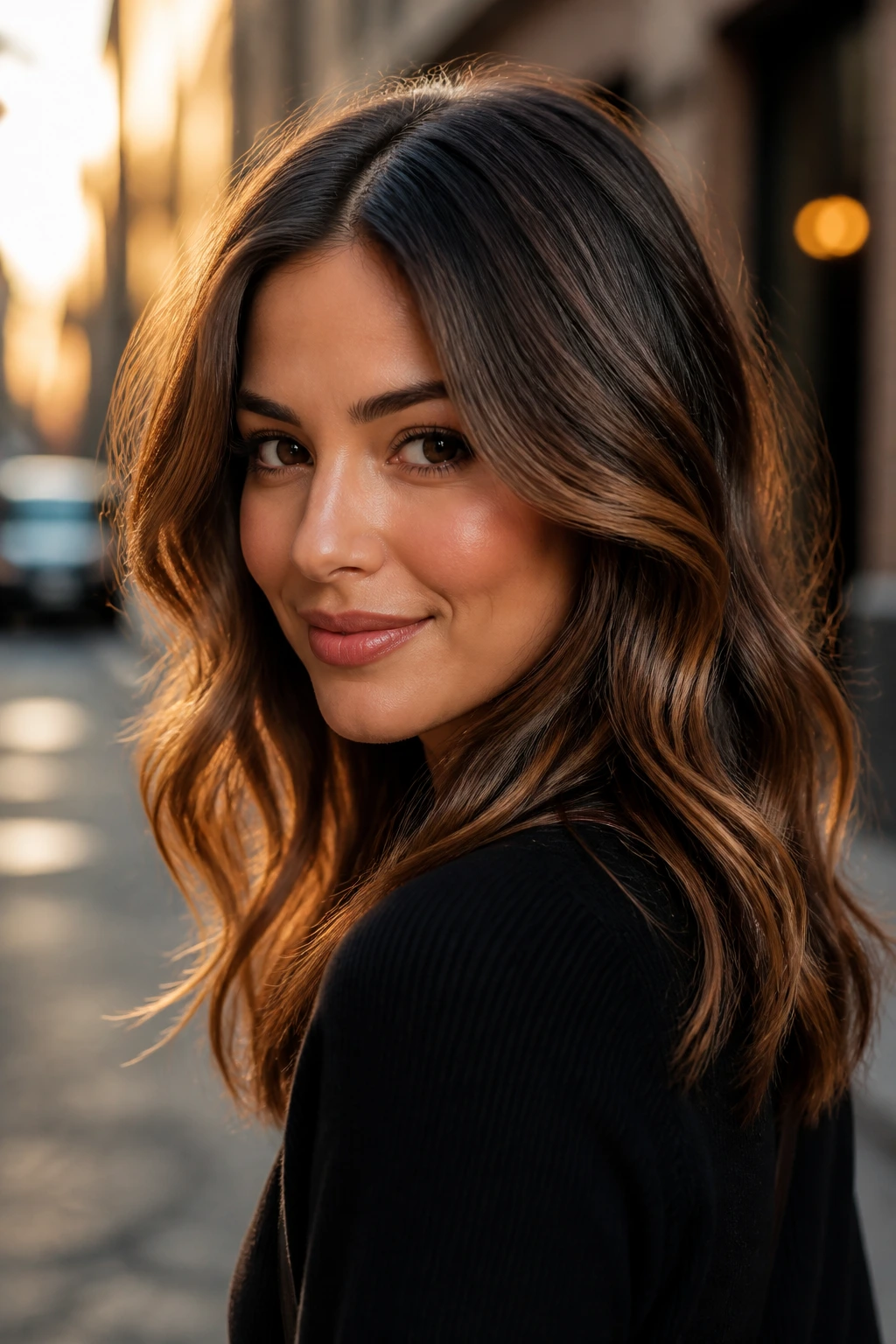 Close-up of a real woman with walnut shadow root and brown highlights