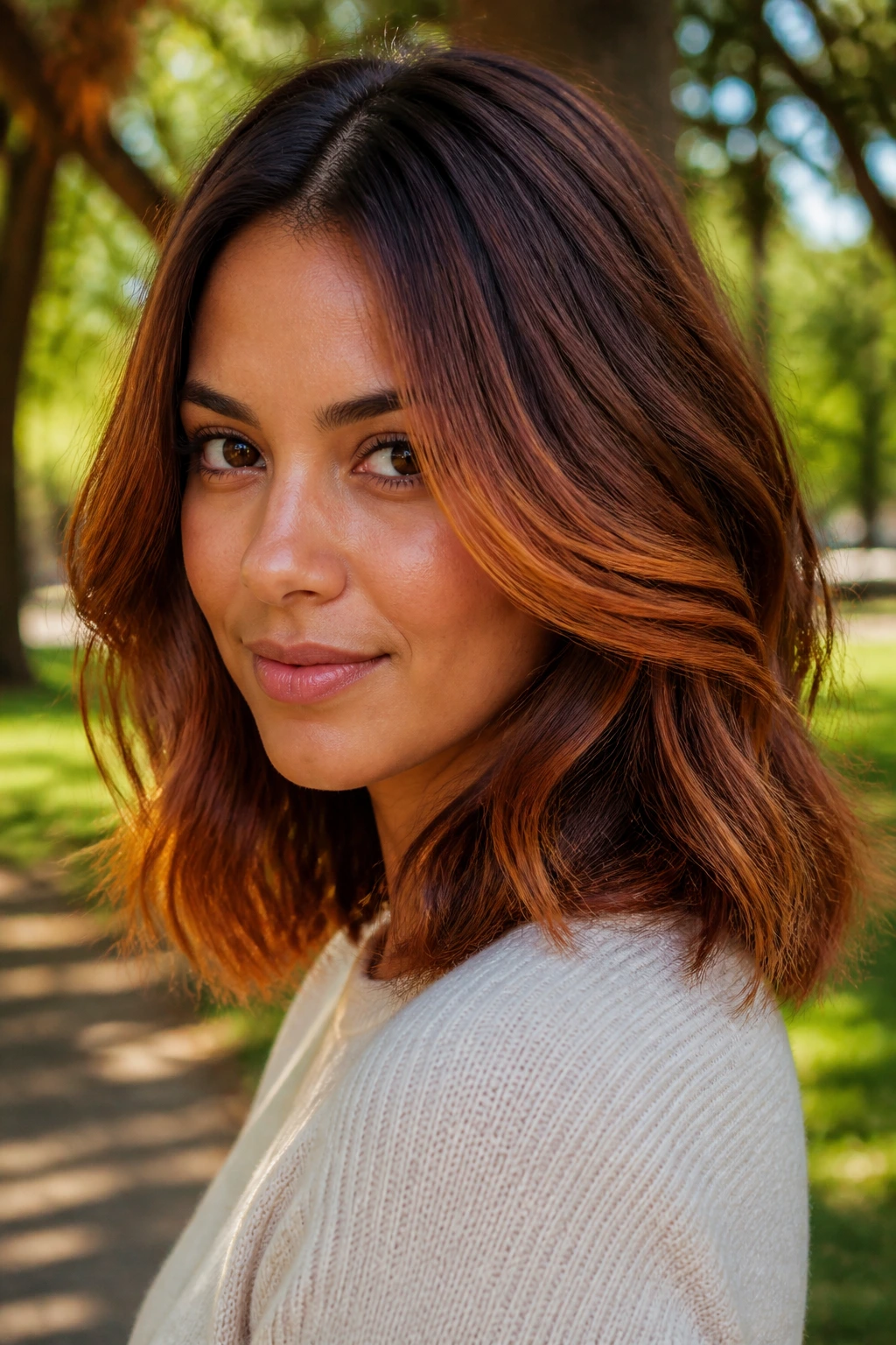 Close-up of a real woman with warm auburn balayage framing the face