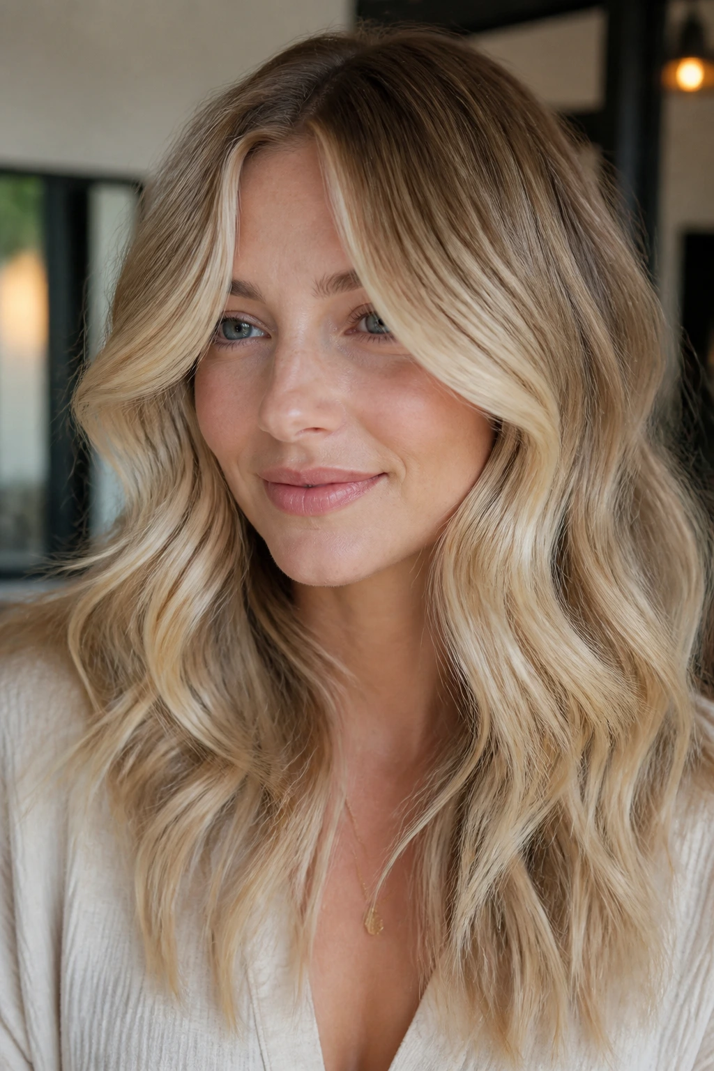 Close-up portrait of a real person with buttered cream balayage highlighting face-framing tones.