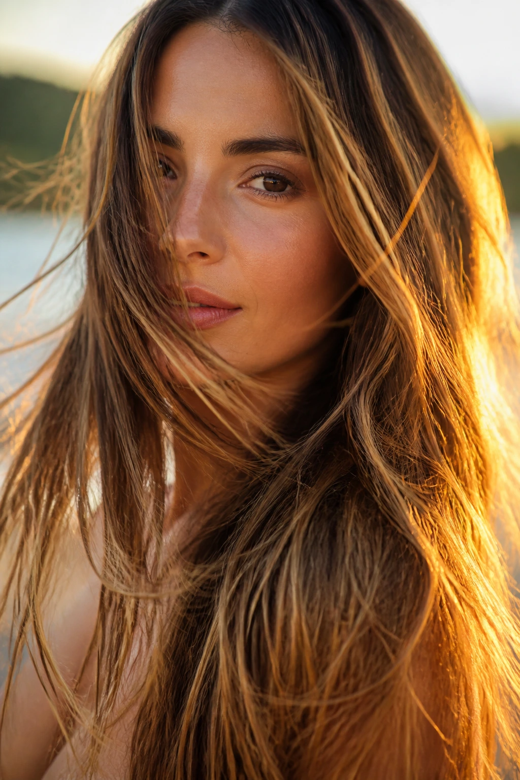 Real woman with soft warm balayage in sunlit outdoor setting.
