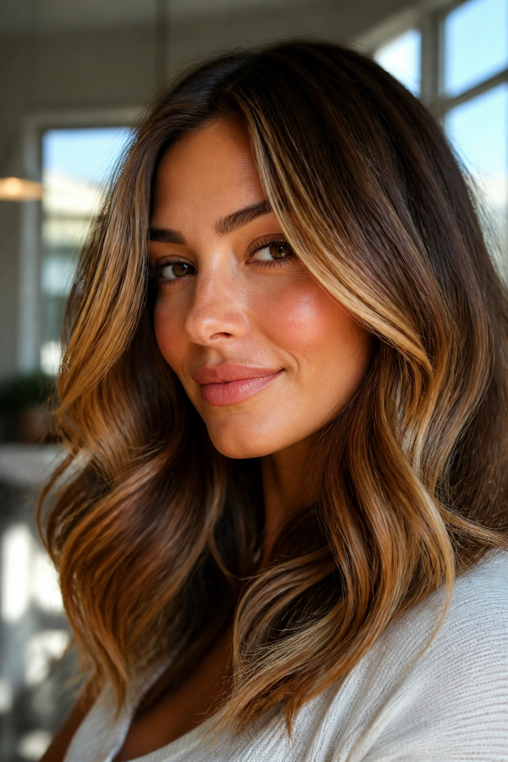 Close-up of a woman with warm balayage highlighting the face under natural light