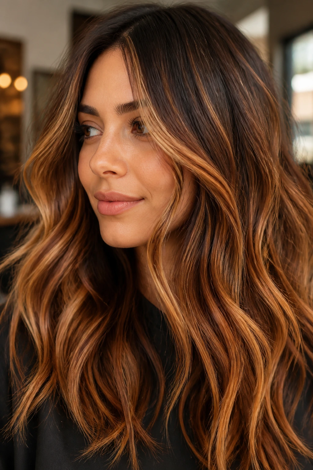 Close-up portrait of a real woman with warm balayage highlights in caramel, honey, and copper.