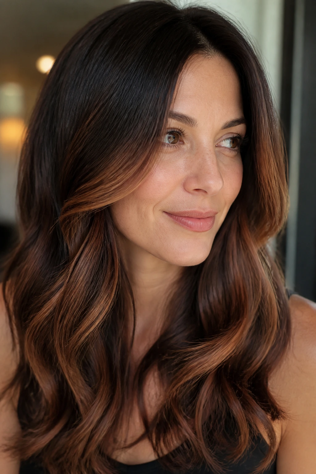 Close-up of dark brown hair with soft strawberry balayage waves