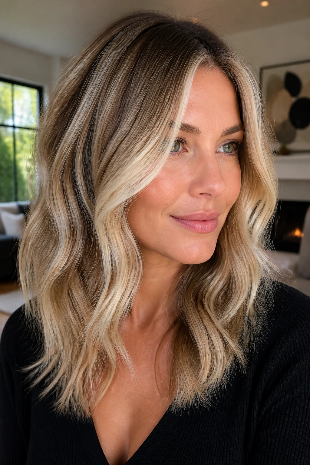 Close-up portrait of a real woman with dimensional balayage waves