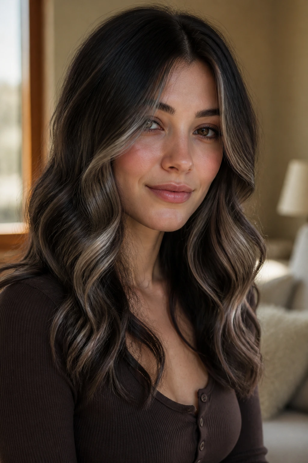 Portrait of a person with loose waves showing dark brown grey balayage