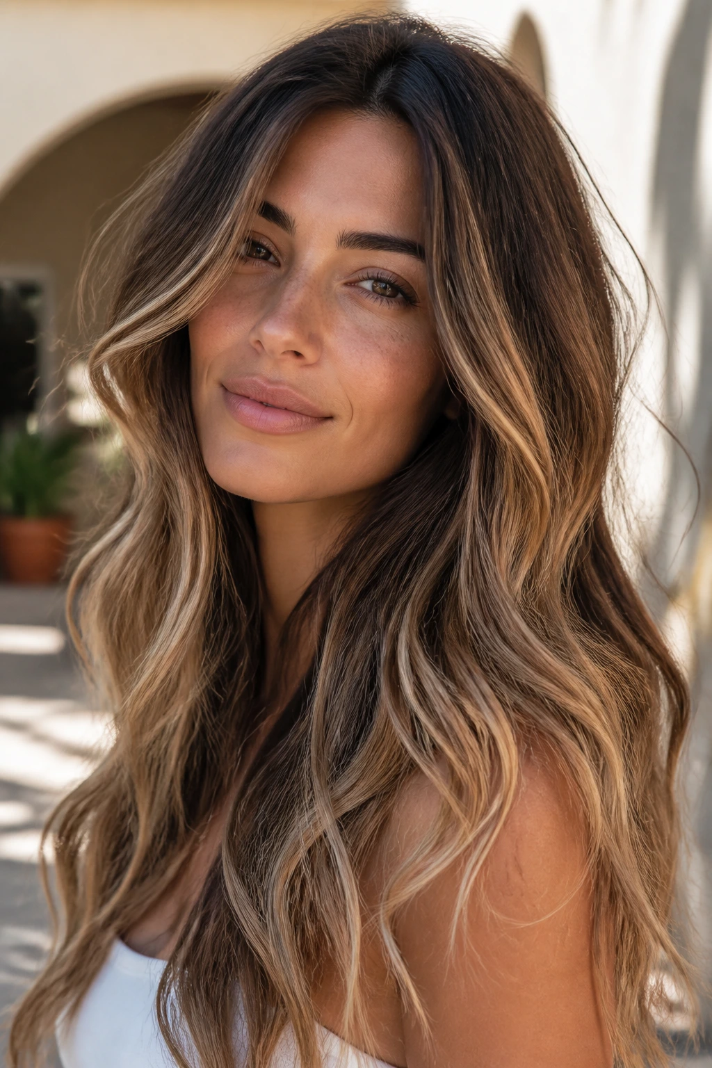 Close-up of a real woman with balayage waves and cascading movement in a sunlit courtyard