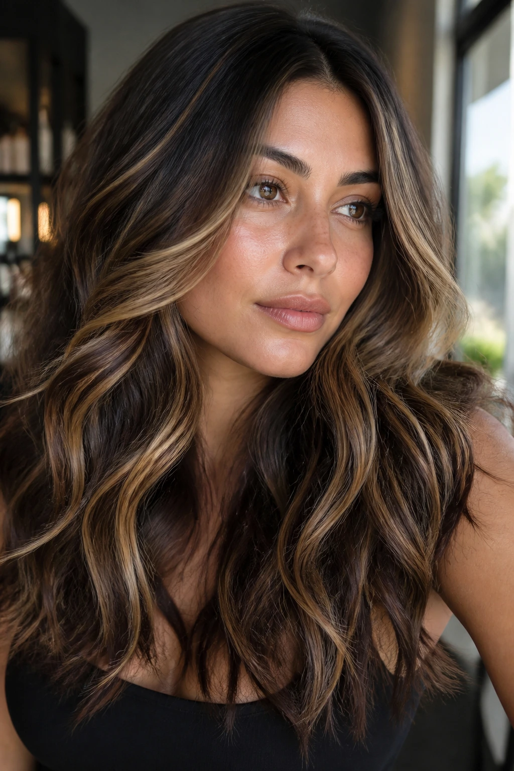 Portrait of olive-skinned woman with thick hair showing dimensional balayage in soft waves.