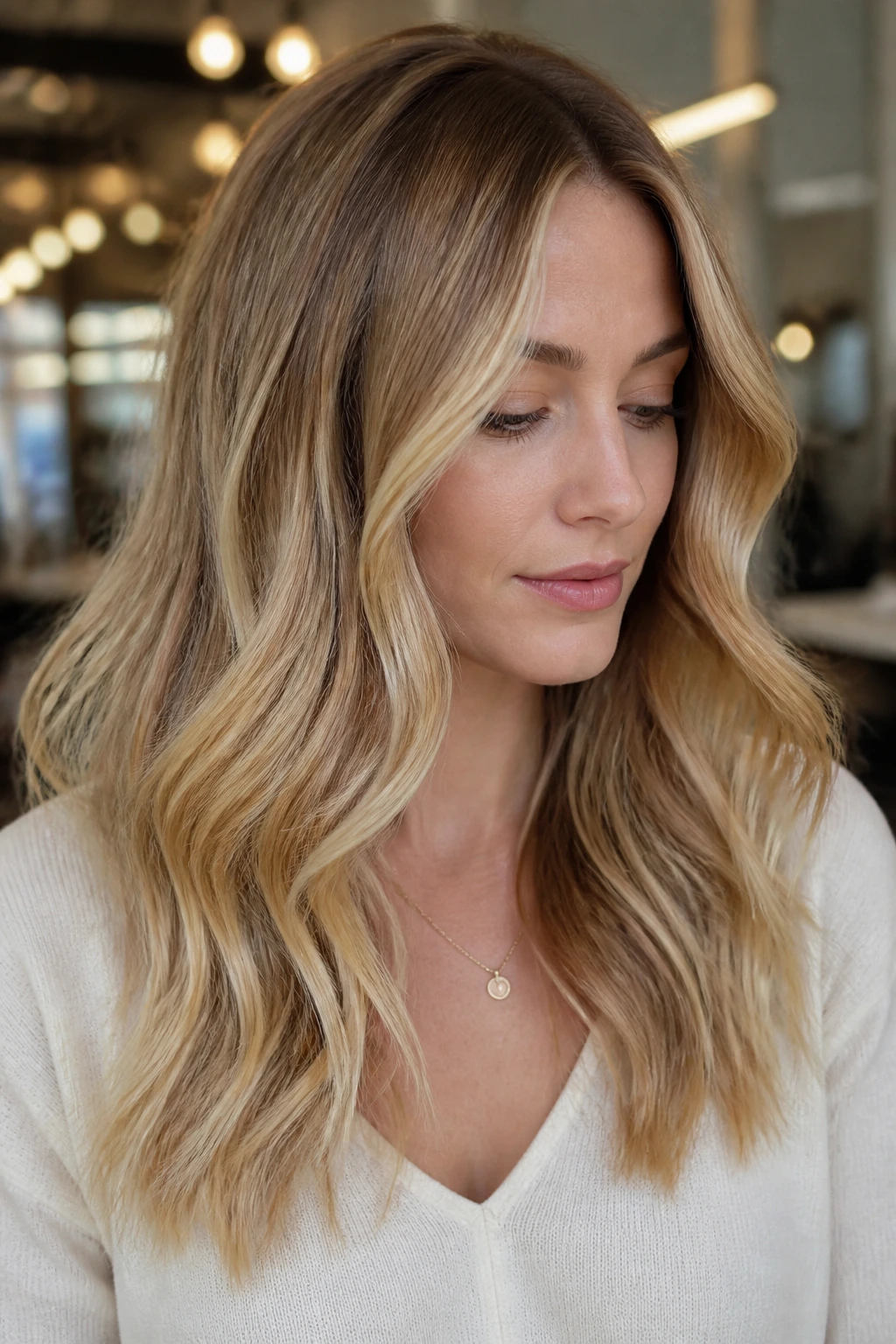 Portrait of person with warm balayage wearing soft waves