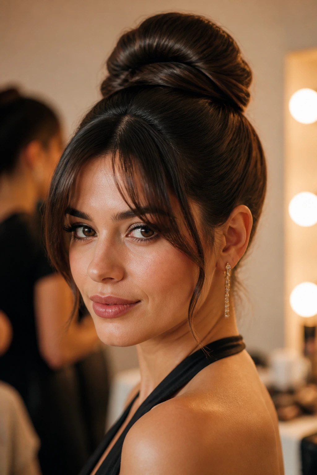 Ballerina bun with soft fringe on thick hair real person