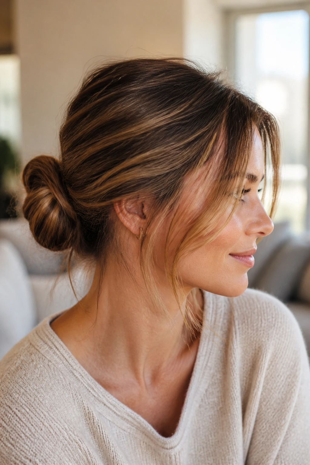 Profile of a woman with loose ballet bun and softened edges along the hairline.