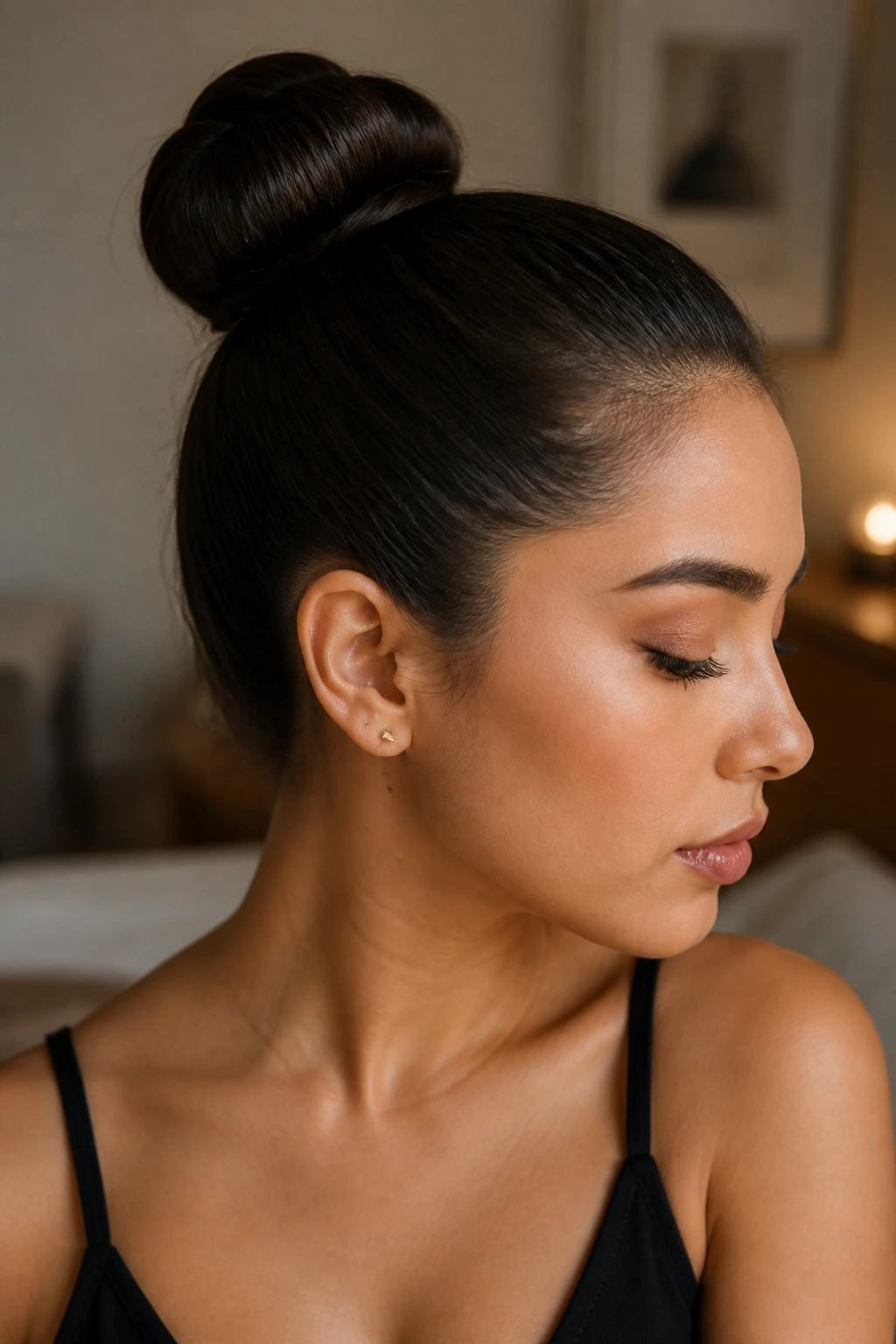 Real person with a high ballet-flat bun showing a sleek, controlled finish.