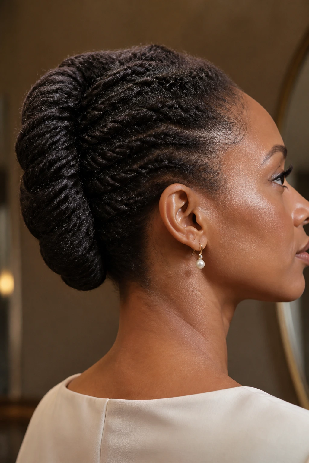 Close-up of a real woman with a banana-style tucked twist bun along the back of the head