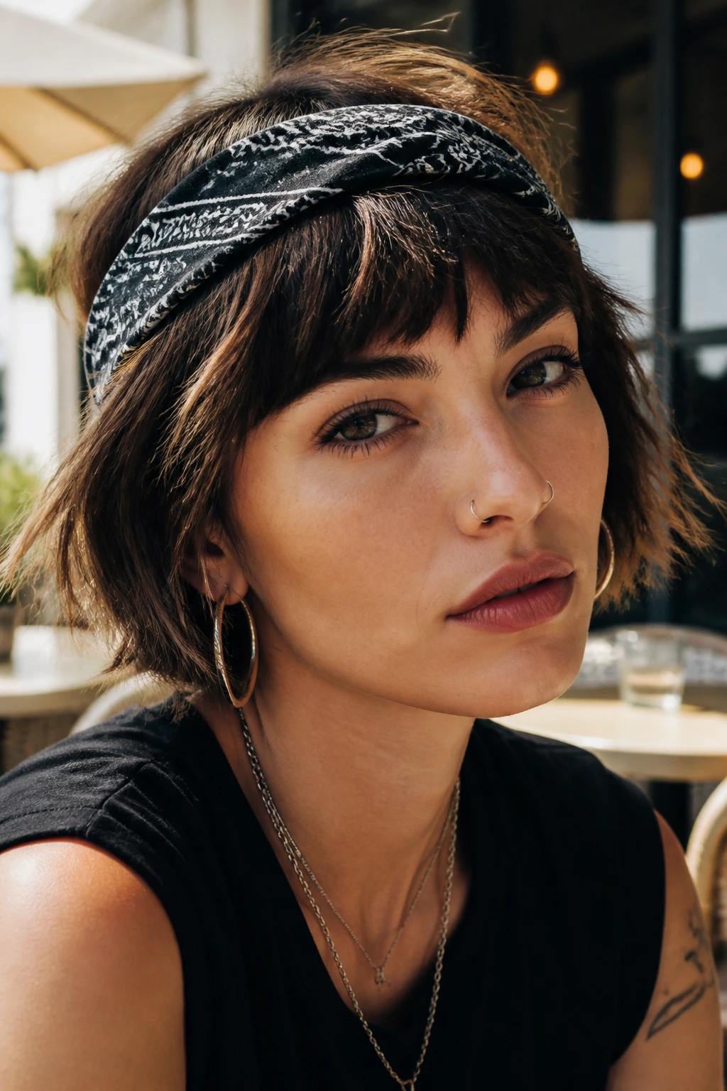 Close-up of a real person with a bandana-framed textured bob