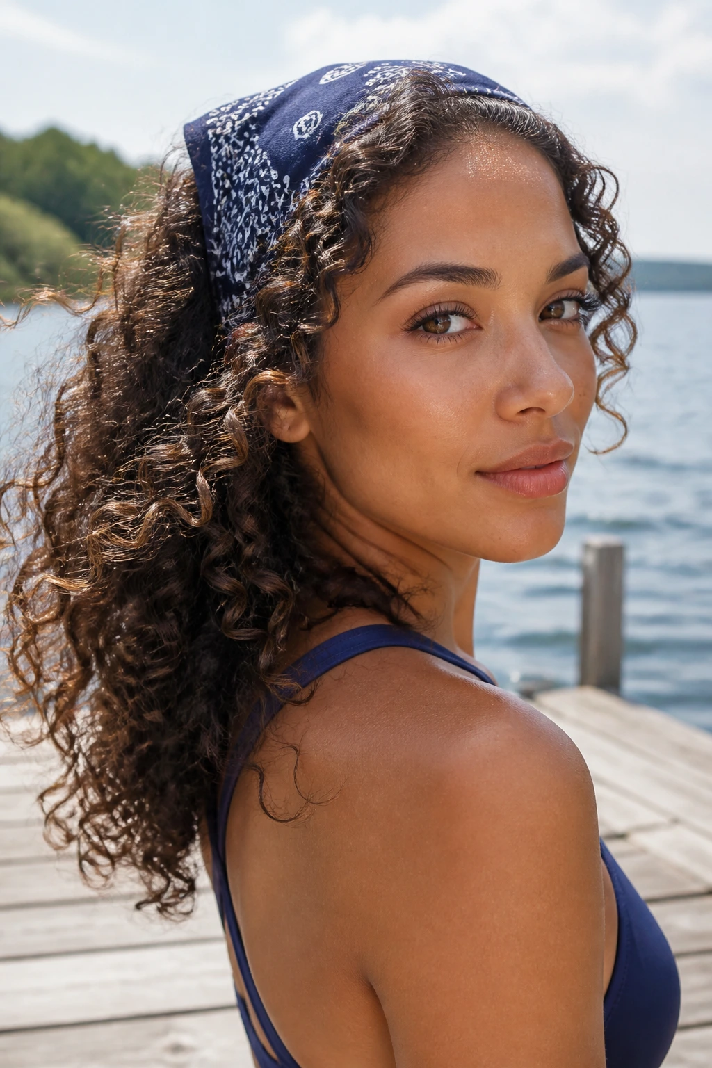 Close-up of a real woman wearing a bandana at the hairline with curls underneath by a lake