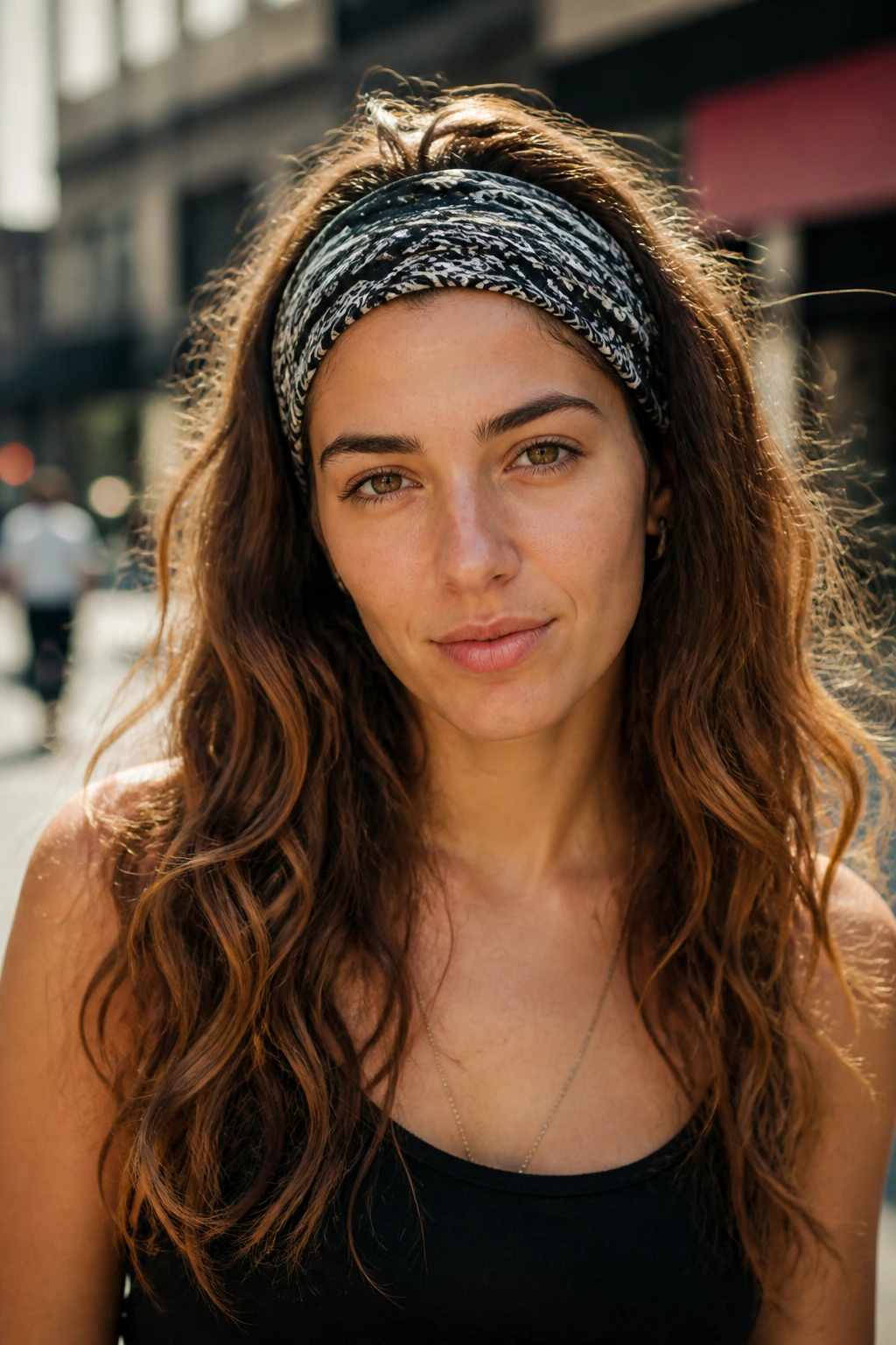 Portrait of a real woman with bandana-wrapped waves at the hairline