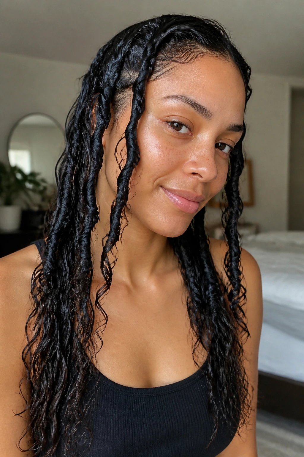 Real woman with heatless banding showing elongated curls and bands in hair