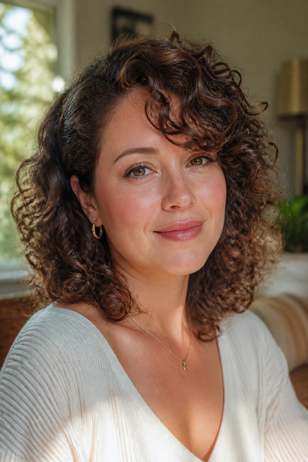 Portrait of a woman with curly hair and side-swept bangs