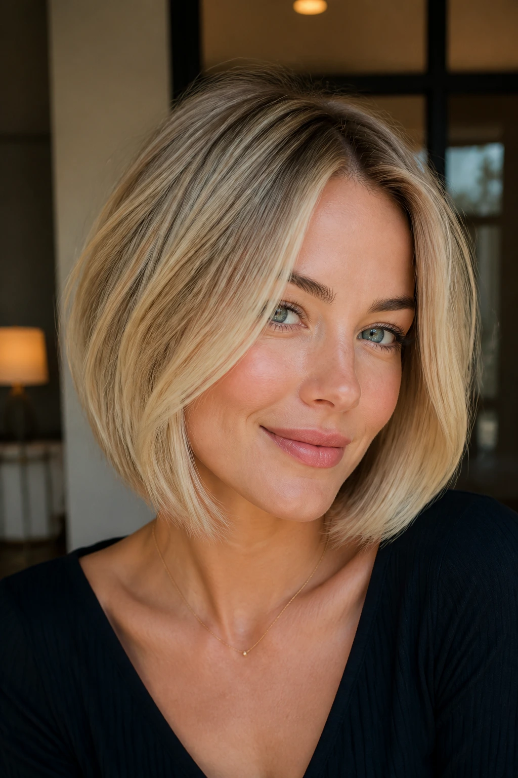 Portrait of a person with bang-free face-frame bob