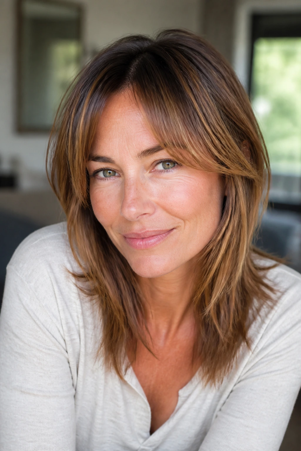 Real woman with face-framing bang layers and a soft part
