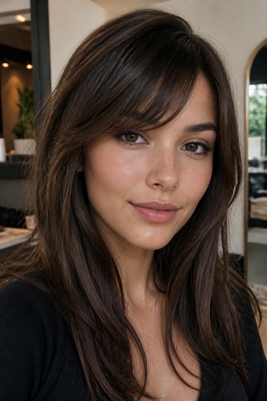 Portrait of a woman with bangs ending near cheekbone illustrating ideal length
