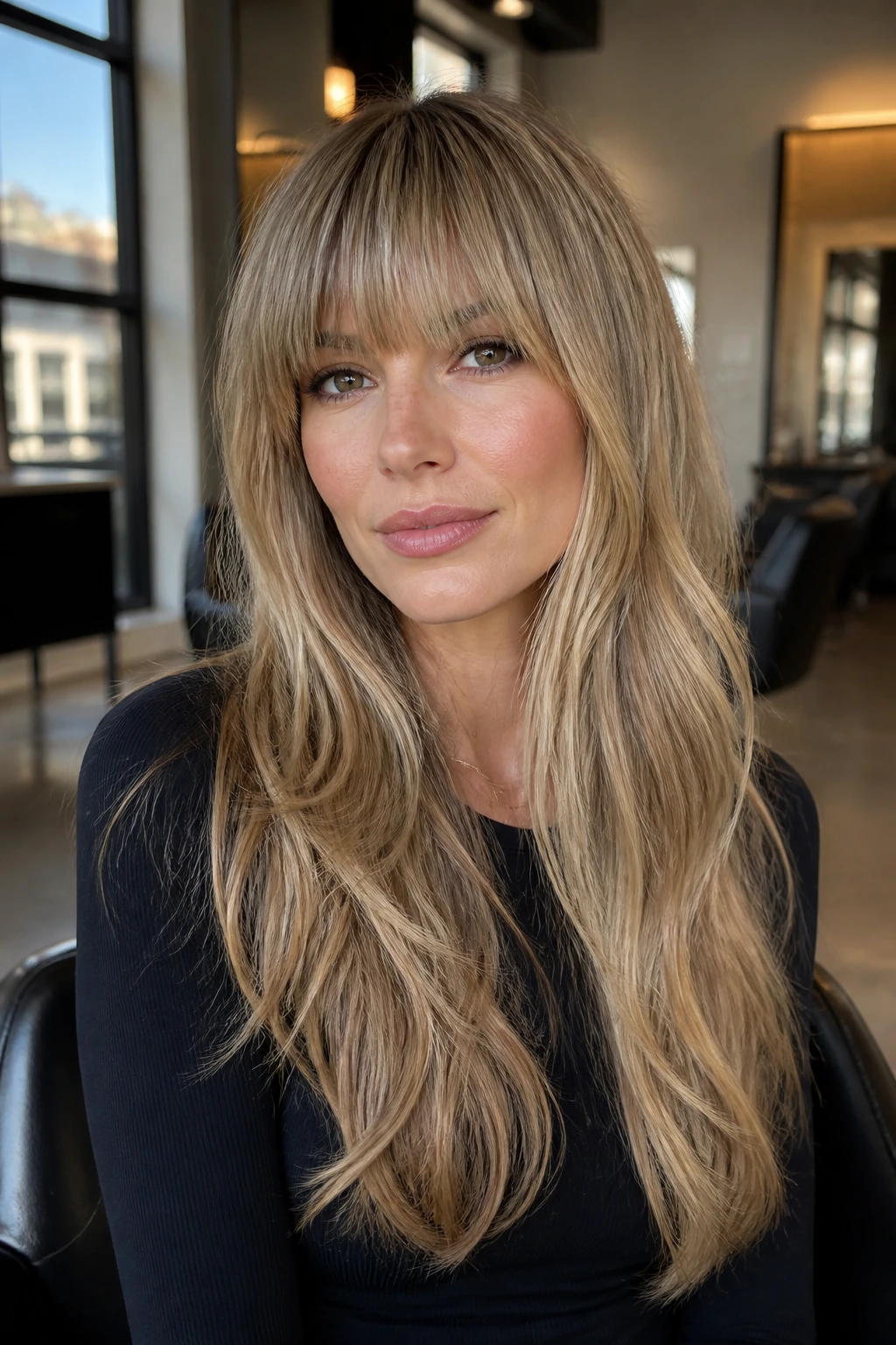 Portrait of a real woman showing bang line across forehead, long hair