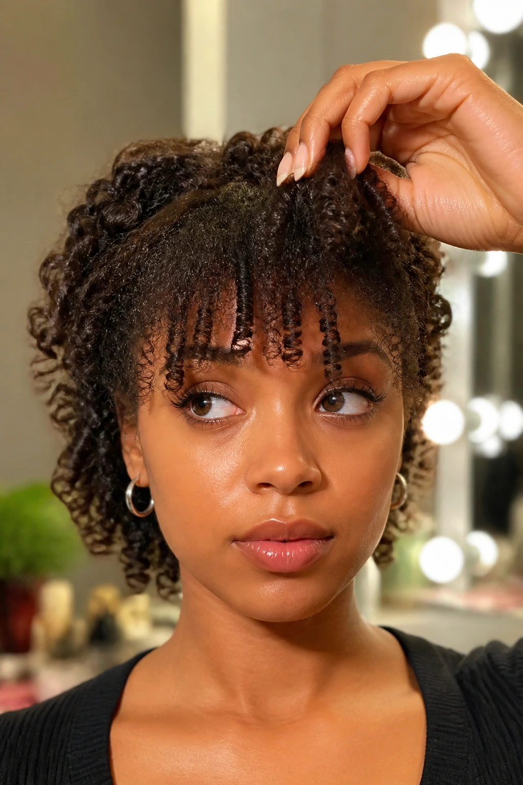 Close-up of real person with front bangs demonstrating lift at the roots