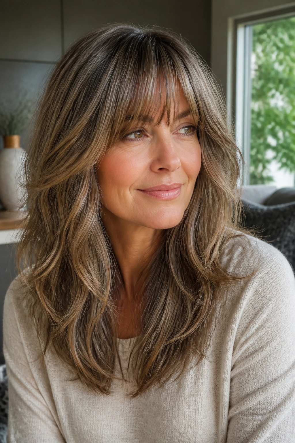 Woman with multi-tonal lowlights in long layered bangs in daylight