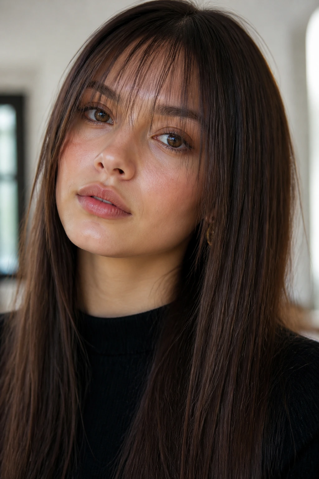 Portrait of a real woman with a delicate bang veil and long straight hair