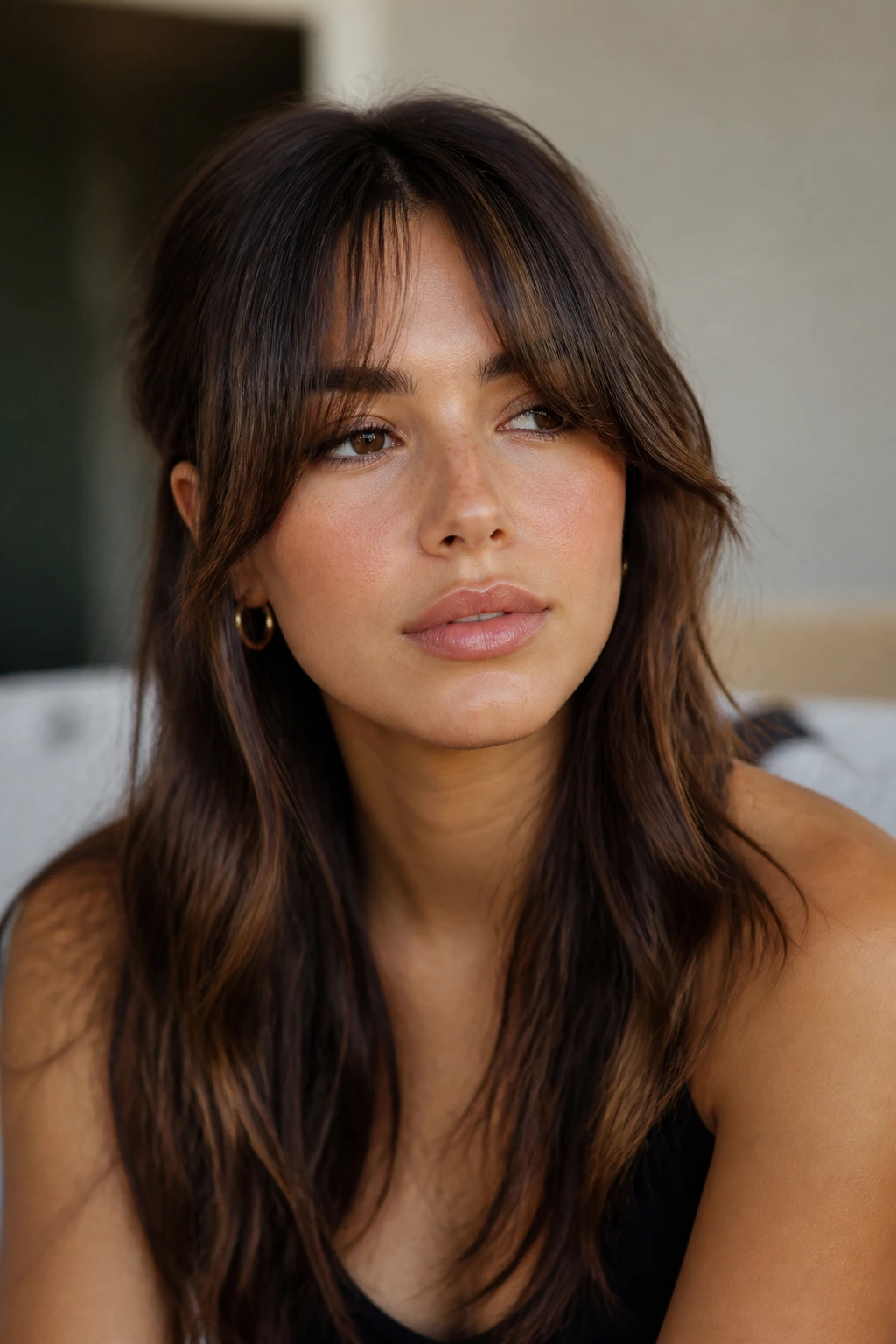 Close-up of brow-grazing curtain fringe with cheekbone length side pieces