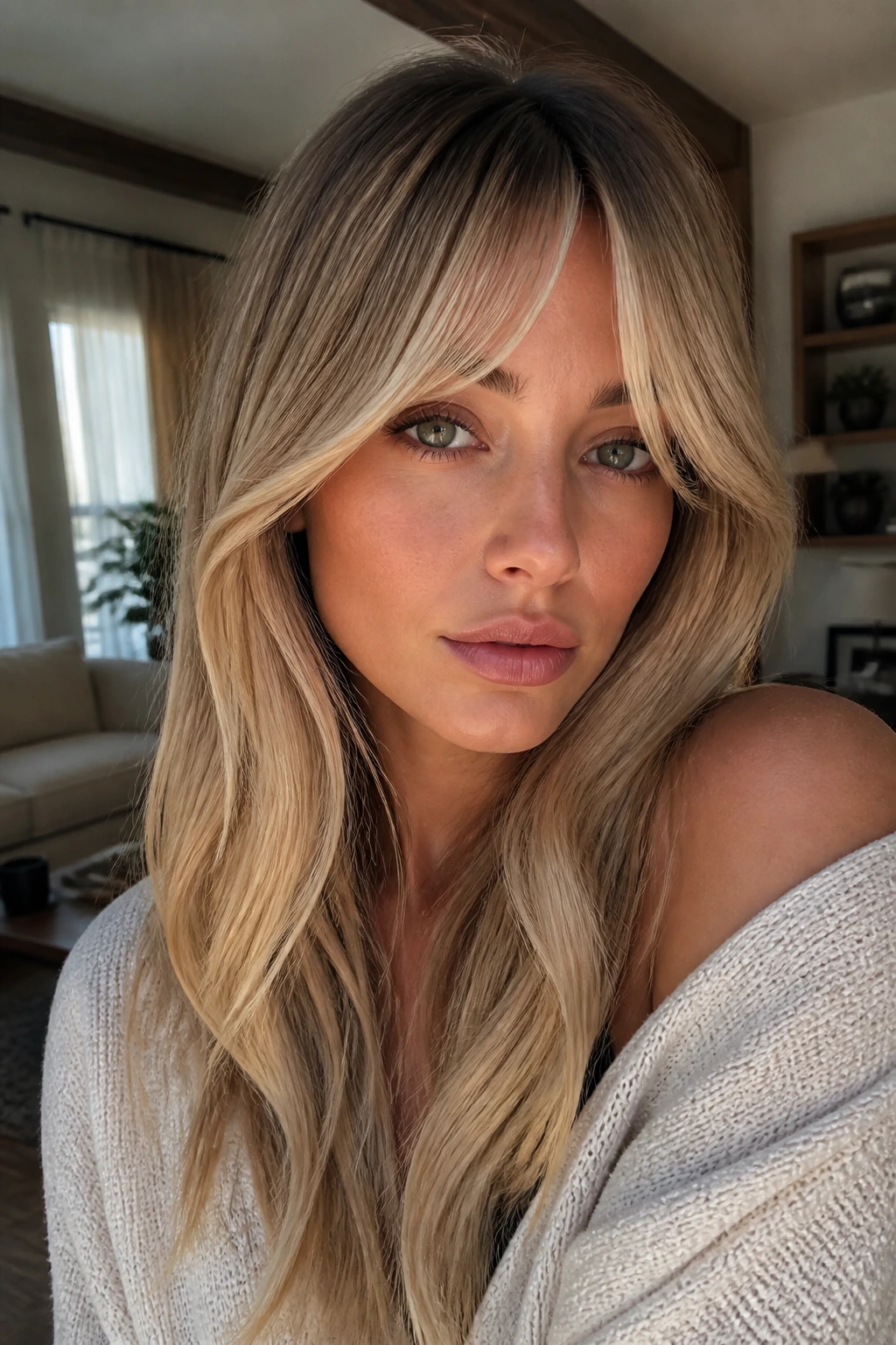 Close-up of arched fringe with bright front highlights on a real woman in a sunlit living room