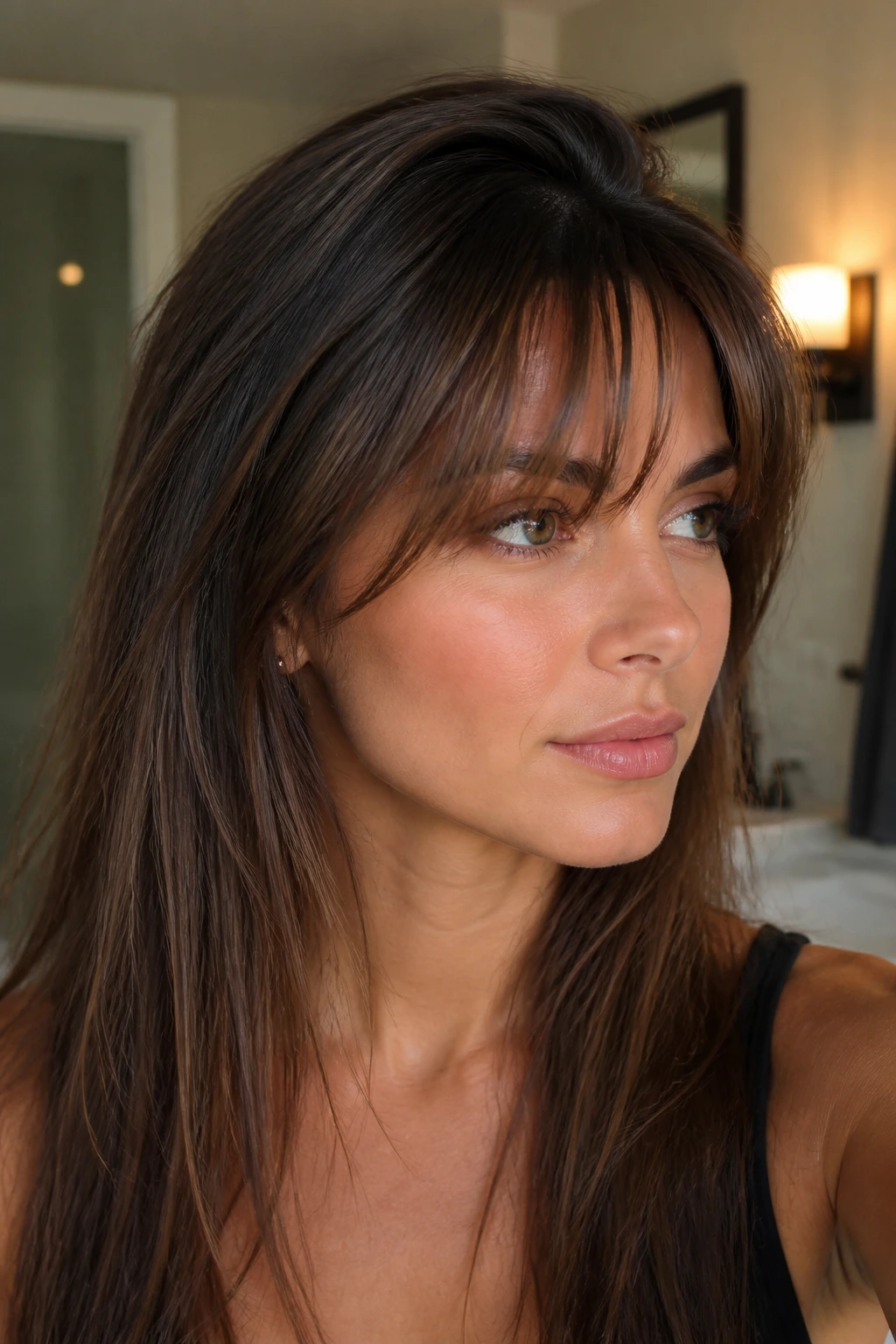 Close-up of a real woman with bangs showing good behavior and lift