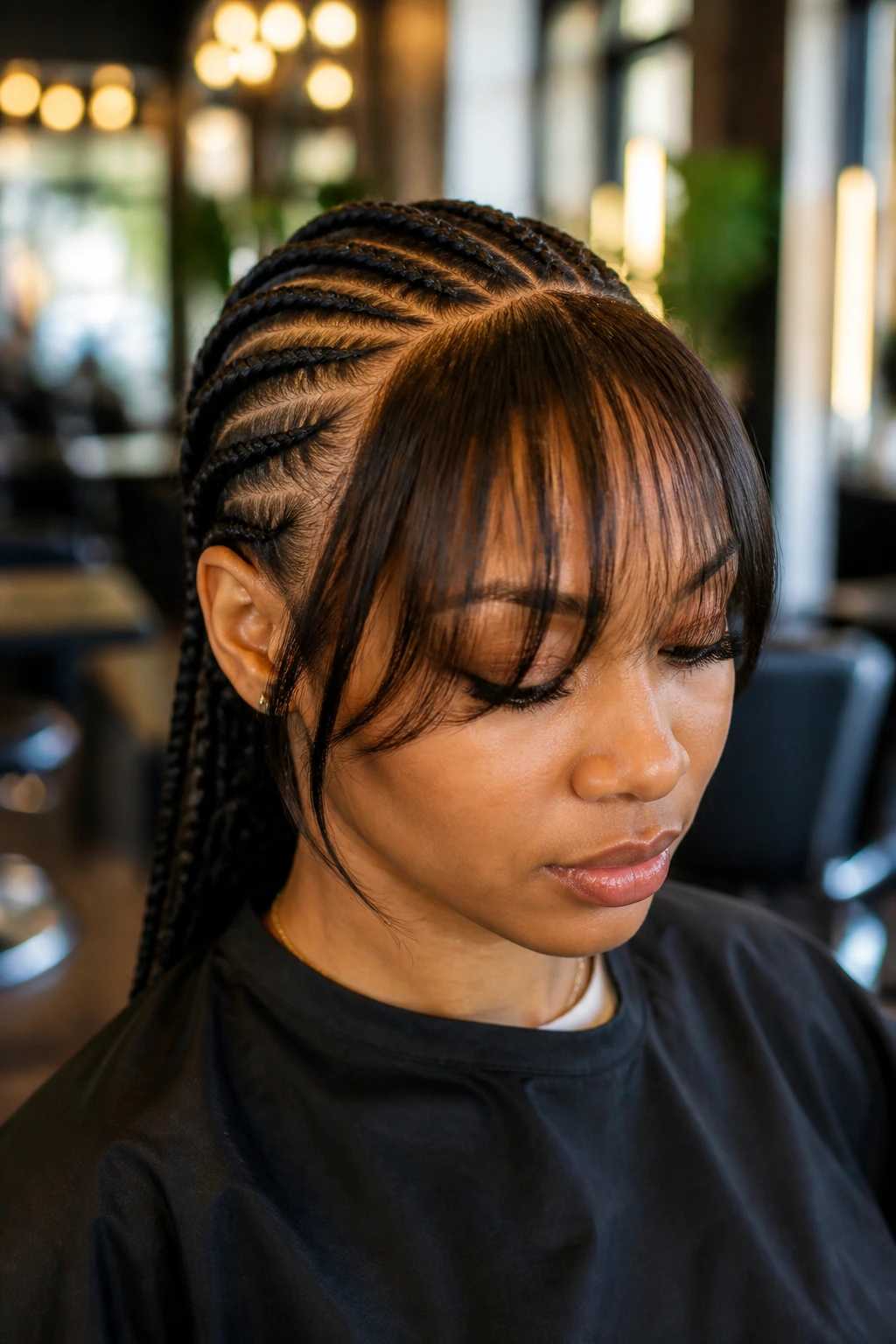 Close-up of a real woman with a slim fringe and cornrows.