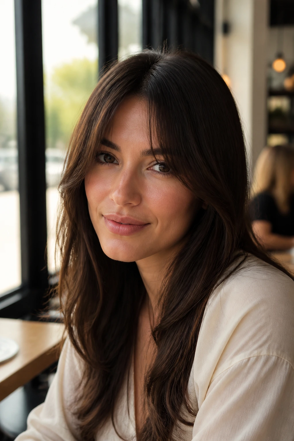 Real woman with center-part fringe softening her features in a sunlit cafe
