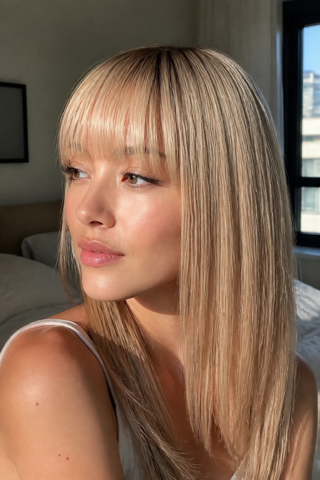 Close-up of champagne-blonde bangs on a real woman with glossy blunt fringe in natural window light