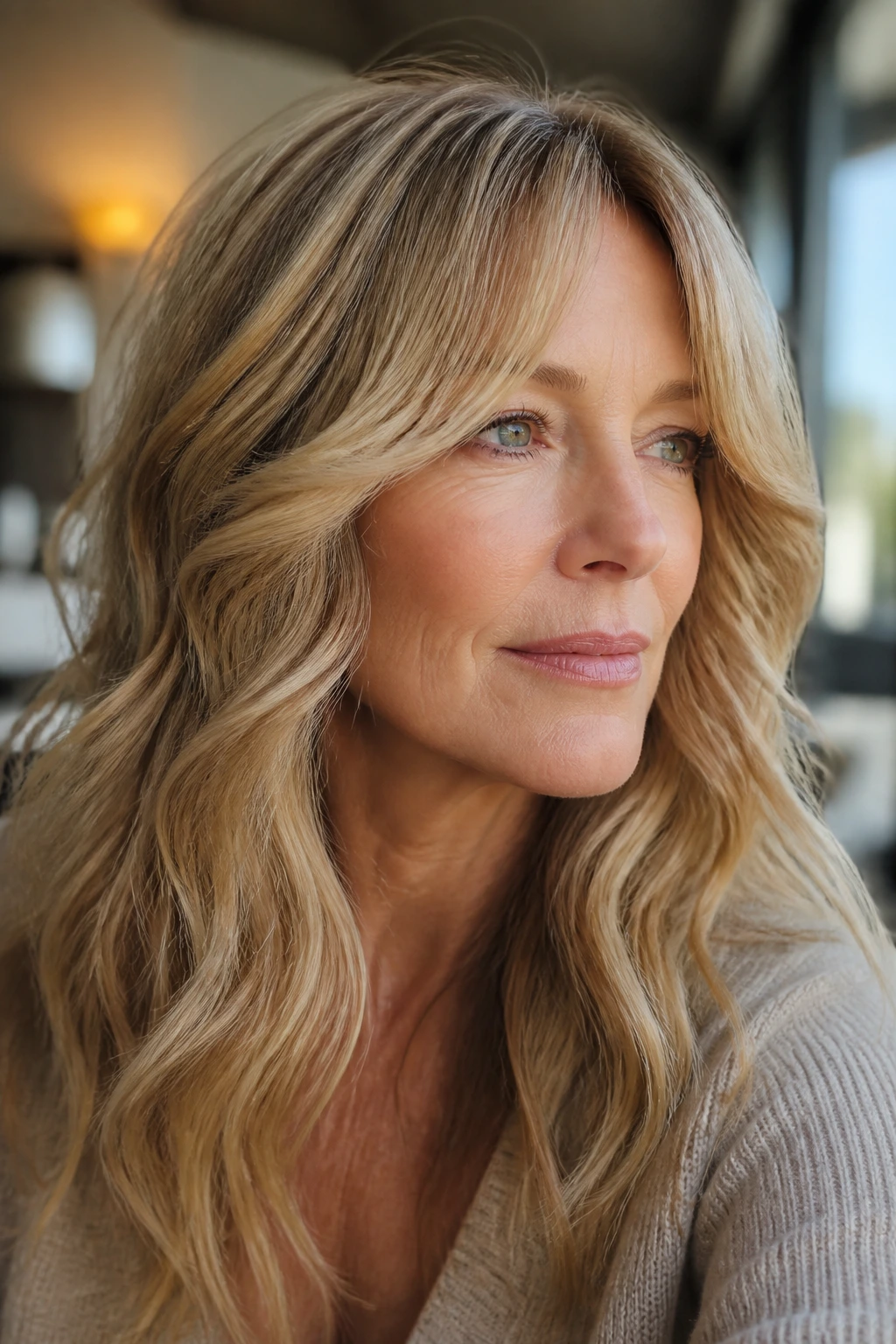 Close-up of bangs and waves meeting at the cheekbone on a real person