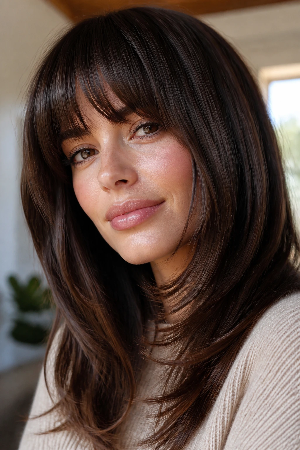 Close-up portrait of a woman with bold layered bangs showing width control and movement.