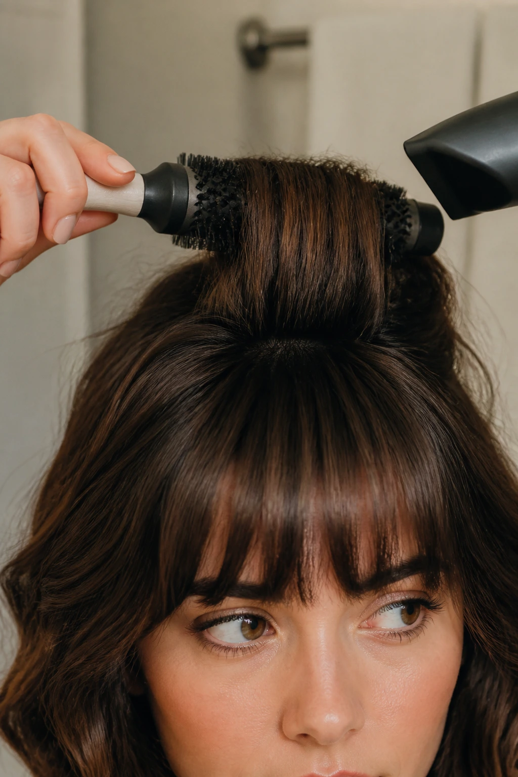 Close-up of bangs showing dry direction and texture.