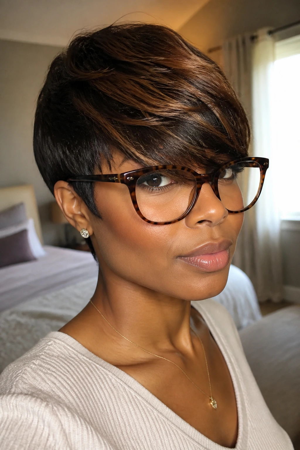 Close-up of a real woman with side-swept bangs in a sunlit bedroom.