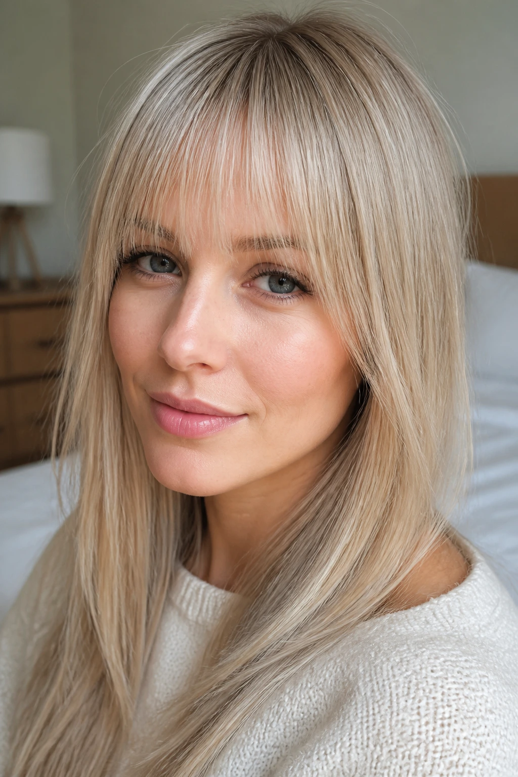 Close-up of fine straight bangs with subtle root contrast and babylights on a real woman.