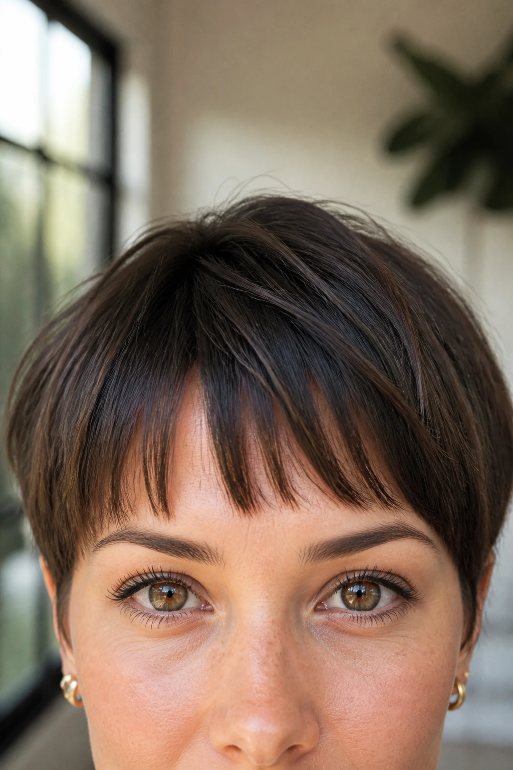 Woman with short fringe above the eyebrows