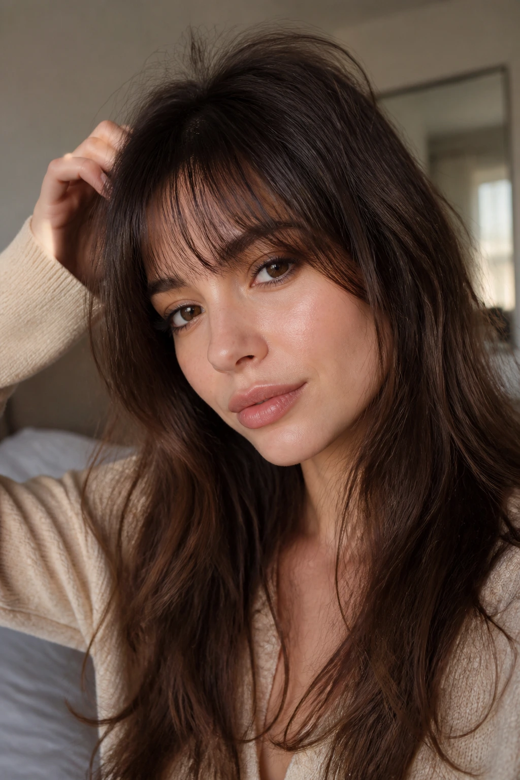 Portrait of a real woman with wispy bangs under soft window light.