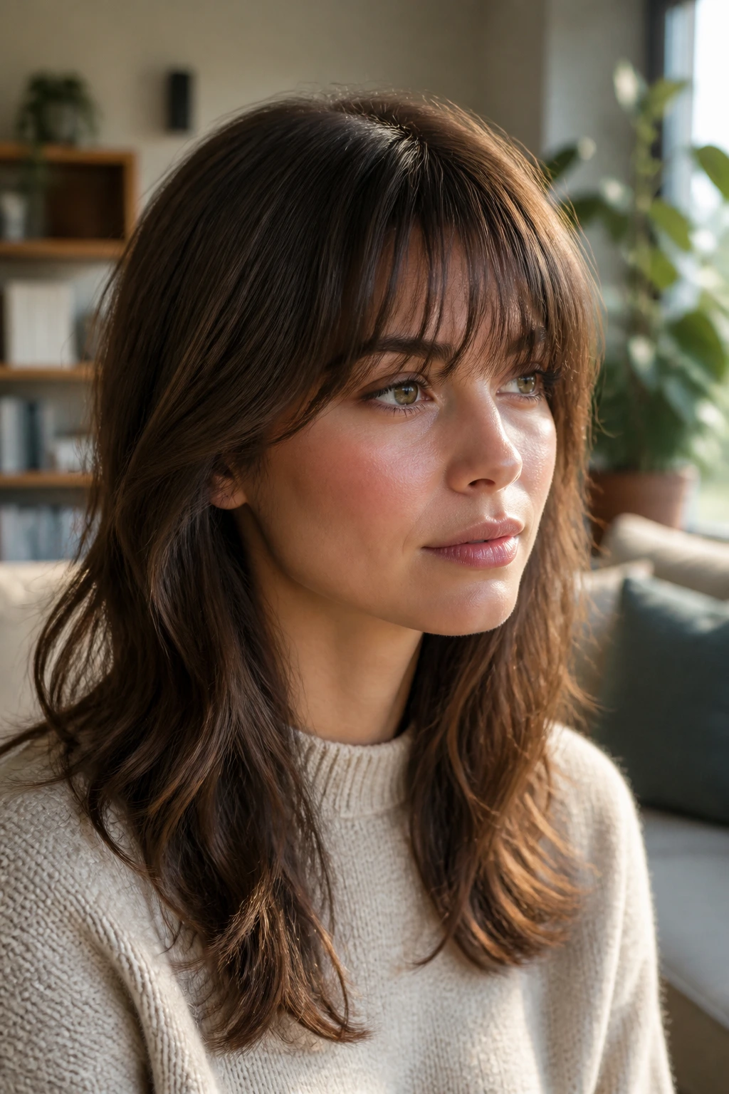 Real person with bangs blending into rest of haircut