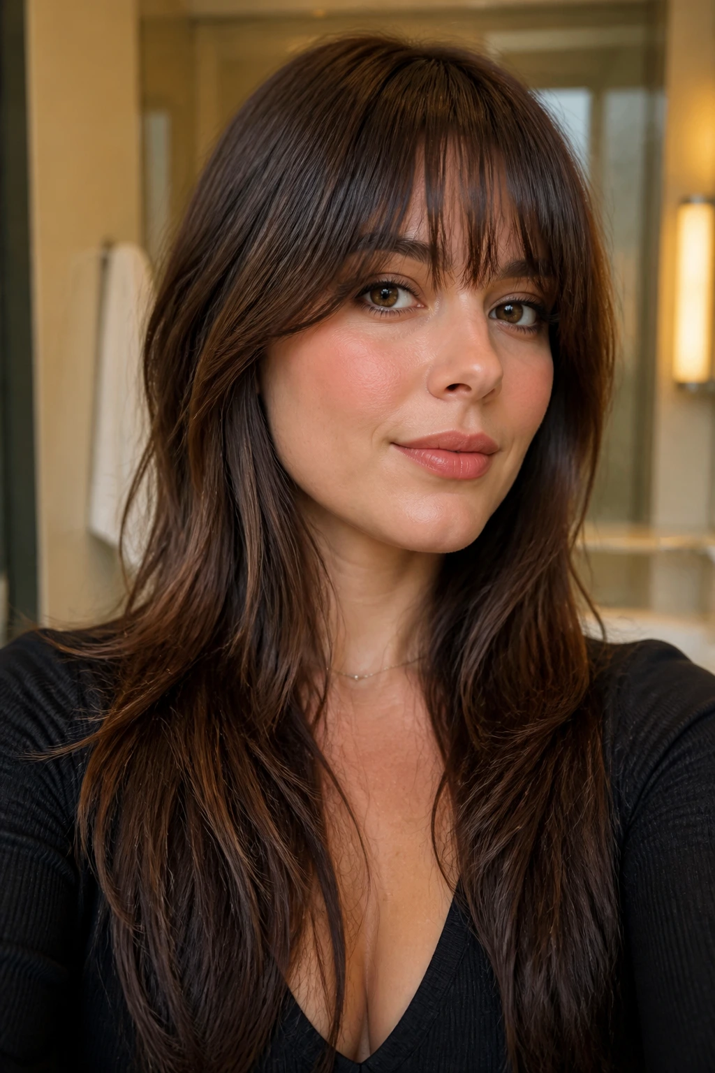 Close-up of a real woman with neatly shaped long layered bangs in a bathroom.