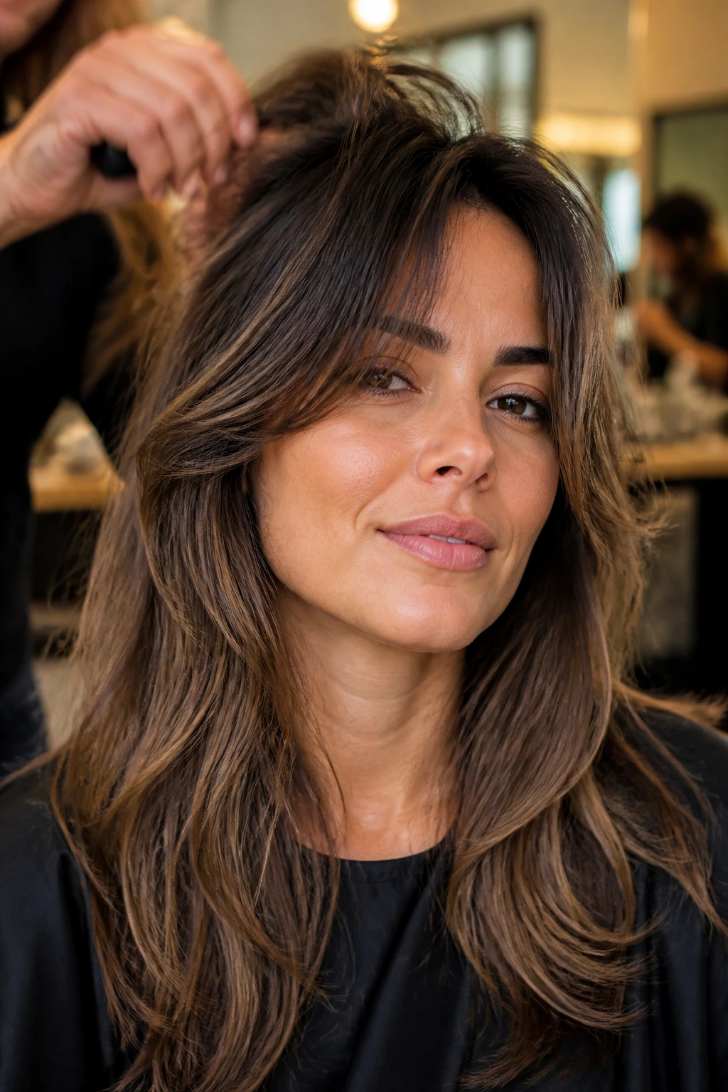 Close-up portrait of a real woman with long bangs lifted at the roots in a salon.